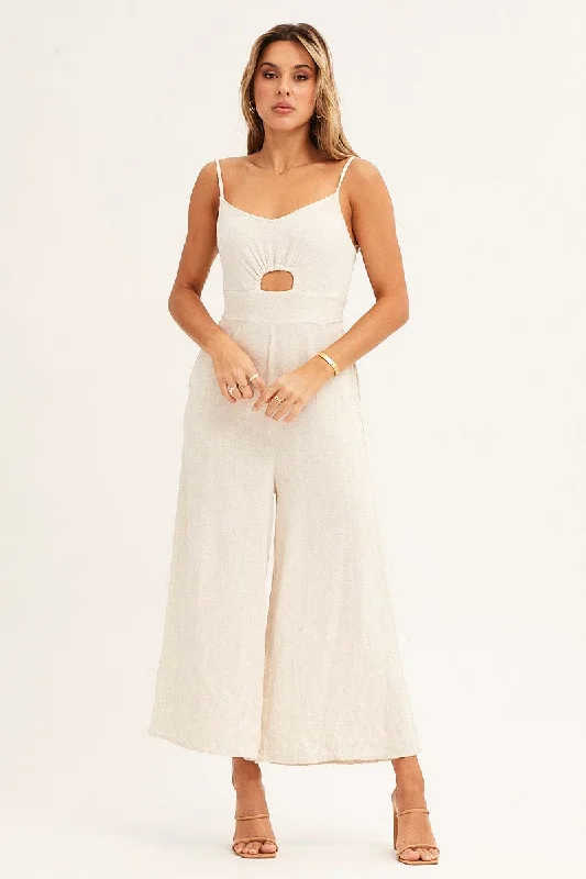 Beige Sleeveless Jumpsuit Cut Out V-Neck