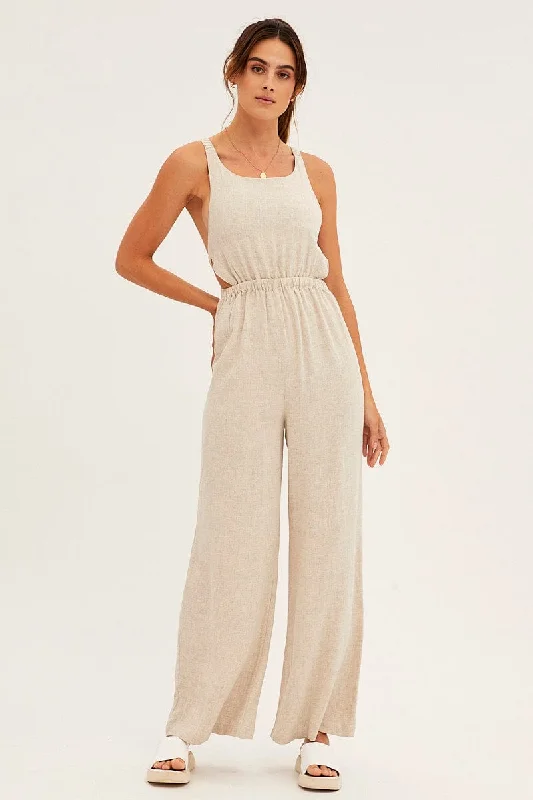 Beige Sleeveless Jumpsuit Wide Leg Viscose Linen