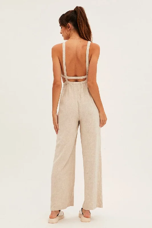 Beige Sleeveless Jumpsuit Wide Leg Viscose Linen