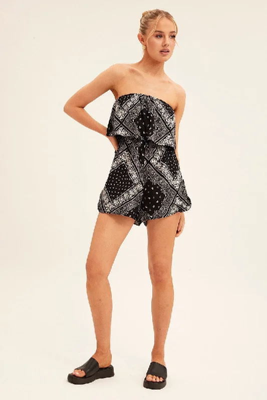 Black Boho Peasant Playsuit Boob Tube