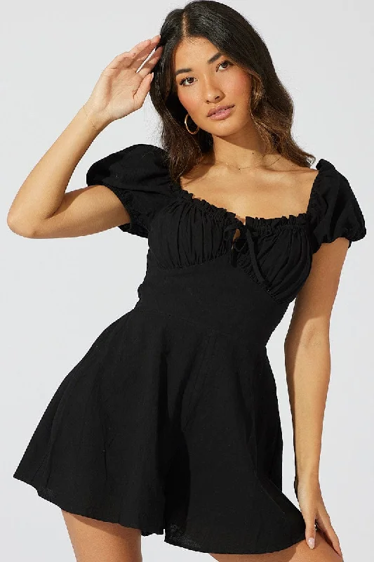 Black Fit And Flare Playsuit Puff Sleeve