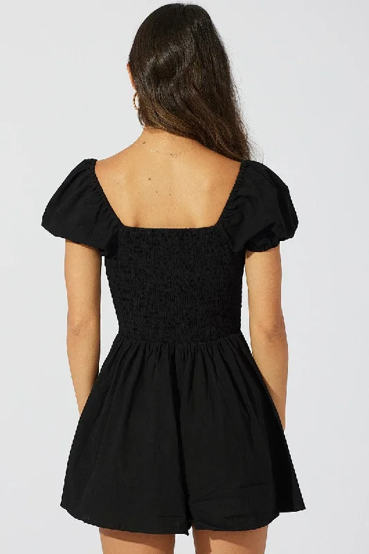 Black Fit And Flare Playsuit Puff Sleeve