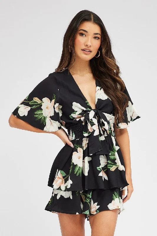 Black Floral Fit And Flare Playsuit