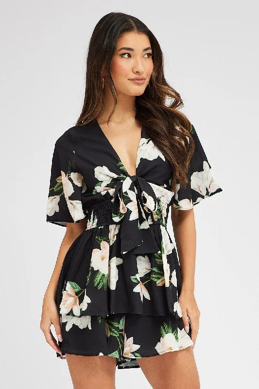 Black Floral Fit And Flare Playsuit