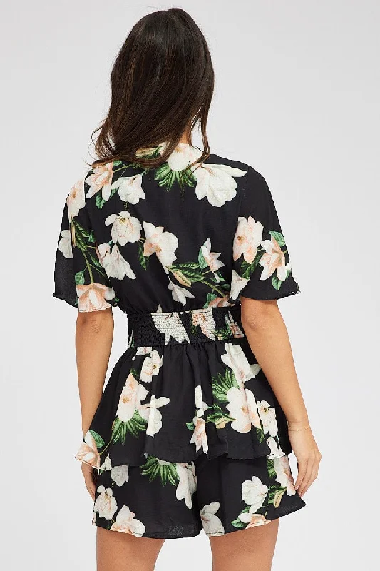 Black Floral Fit And Flare Playsuit