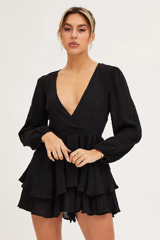 Black Playsuit Long Sleeve V Neck