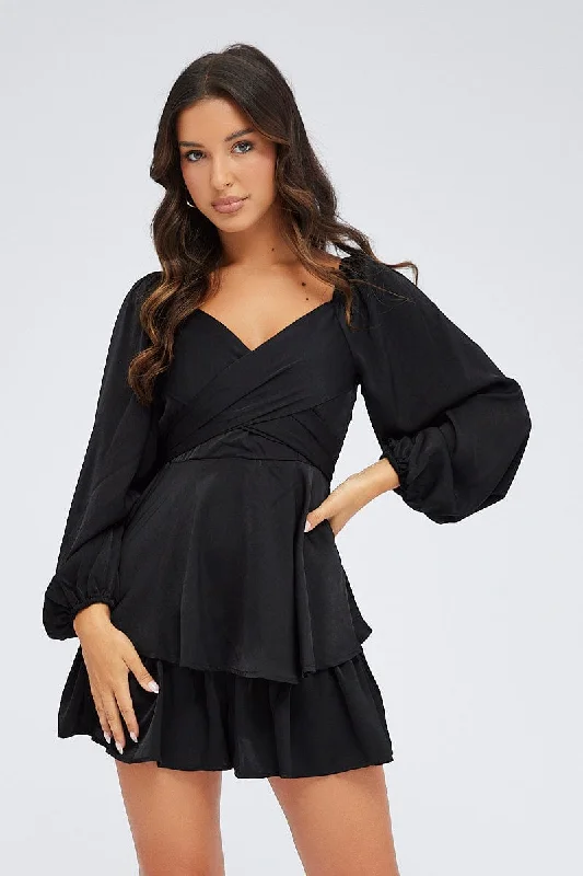 Black Playsuit Long Sleeve V-Neck Waist Tie Matte Satin