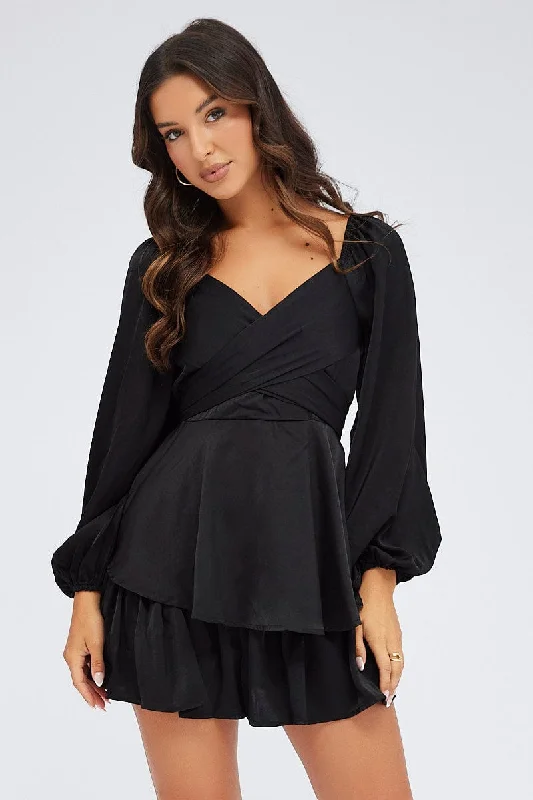 Black Playsuit Long Sleeve V-Neck Waist Tie Matte Satin