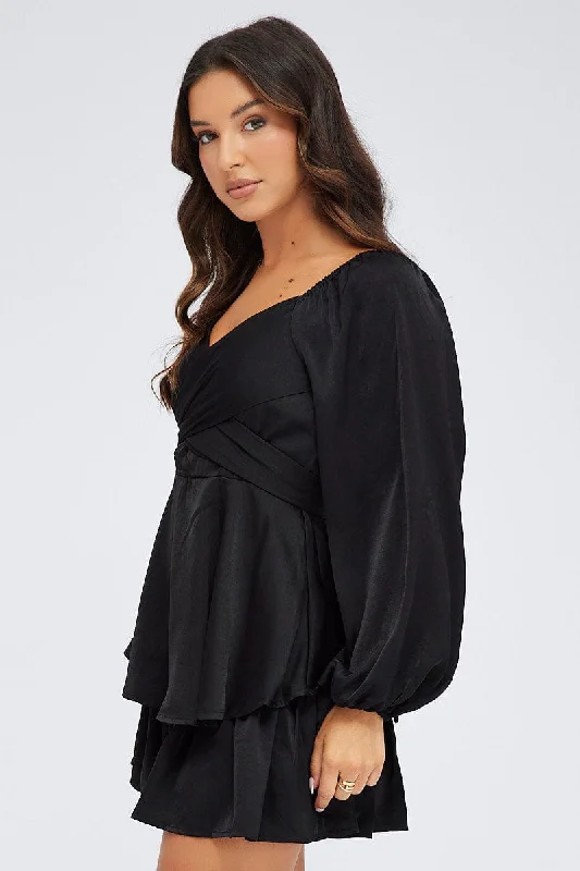 Black Playsuit Long Sleeve V-Neck Waist Tie Matte Satin