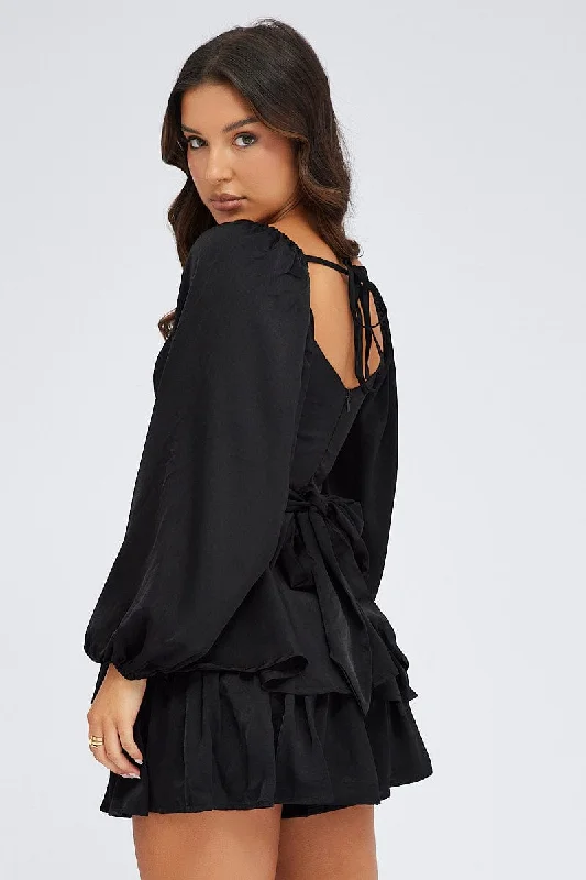 Black Playsuit Long Sleeve V-Neck Waist Tie Matte Satin