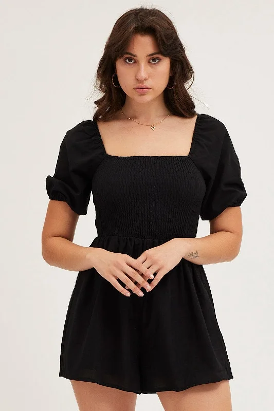 Black Playsuit Short Sleeve Square Neck