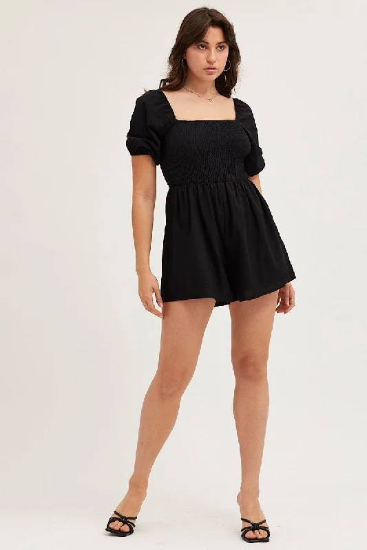 Black Playsuit Short Sleeve Square Neck