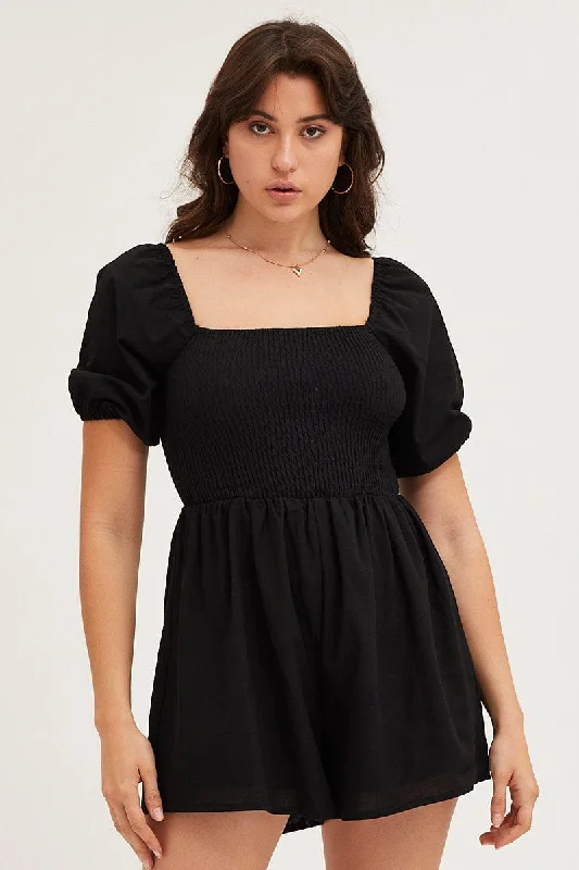 Black Playsuit Short Sleeve Square Neck