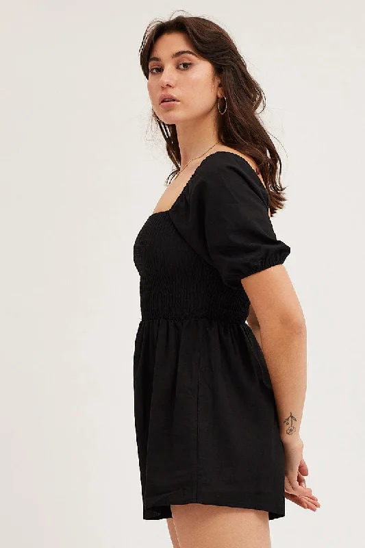 Black Playsuit Short Sleeve Square Neck