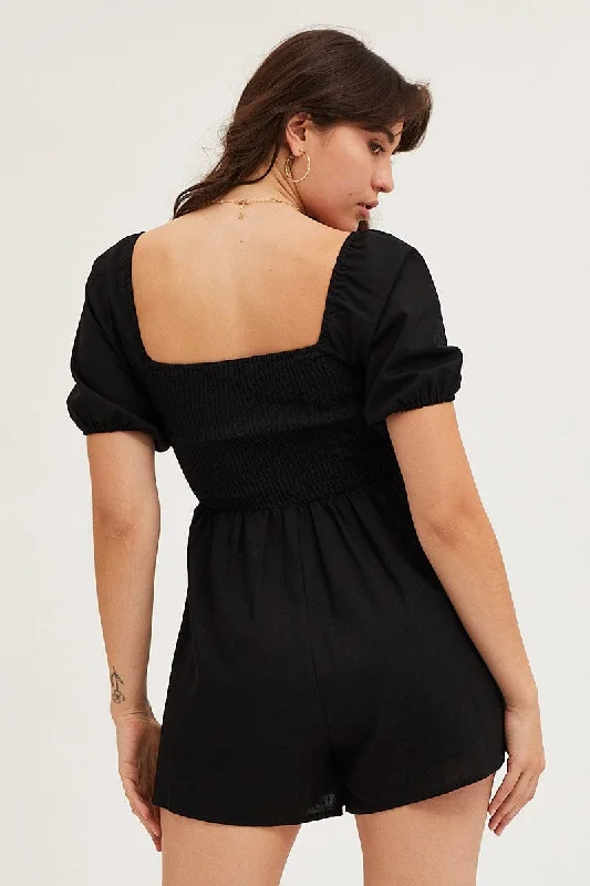 Black Playsuit Short Sleeve Square Neck