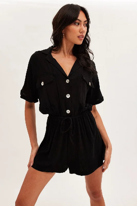 Black Playsuit Short Sleeve V-Neck Linen Blend