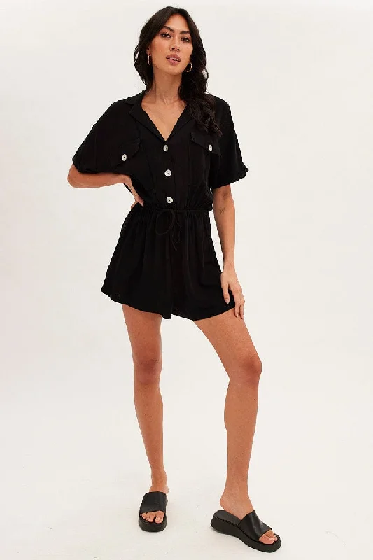 Black Playsuit Short Sleeve V-Neck Linen Blend