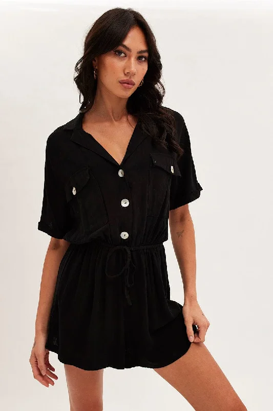 Black Playsuit Short Sleeve V-Neck Linen Blend