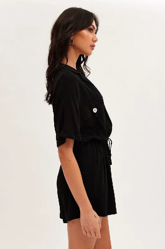 Black Playsuit Short Sleeve V-Neck Linen Blend