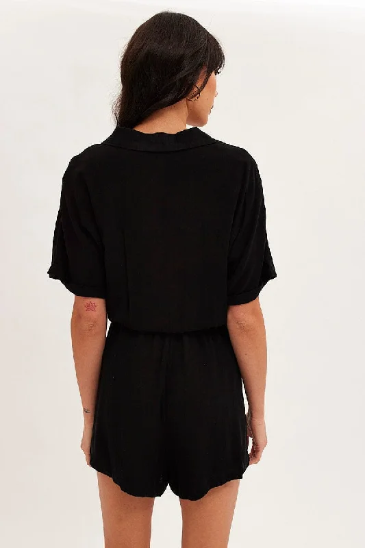 Black Playsuit Short Sleeve V-Neck Linen Blend