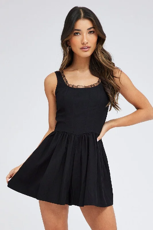 Black Playsuit Sleeveless Scoop Neck Corset Detail Lace