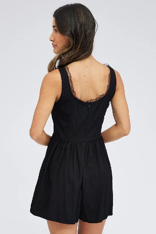 Black Playsuit Sleeveless Scoop Neck Corset Detail Lace