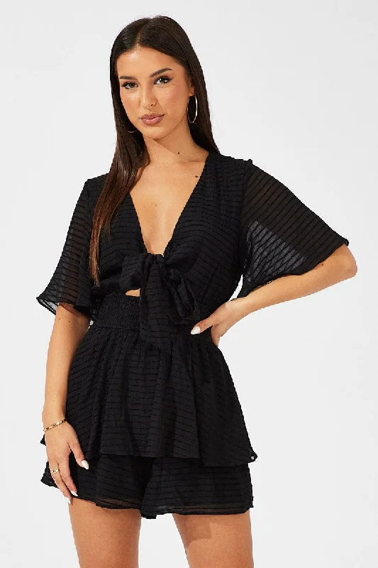 Black Playsuit Tie Front Wing Sleeve