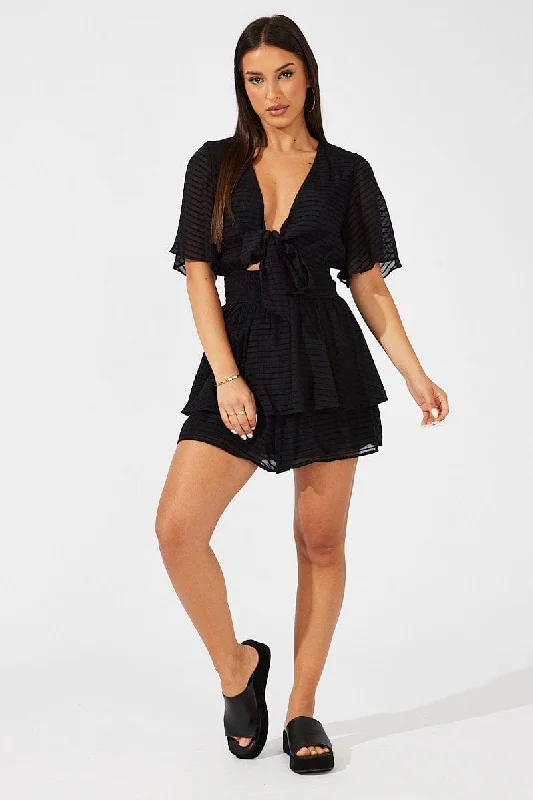 Black Playsuit Tie Front Wing Sleeve