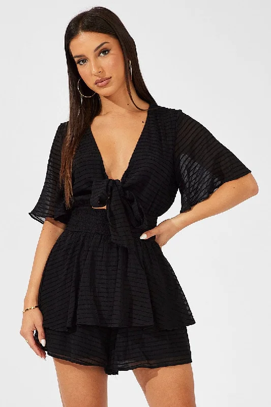 Black Playsuit Tie Front Wing Sleeve