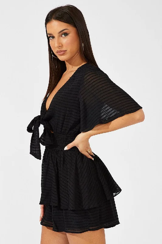 Black Playsuit Tie Front Wing Sleeve