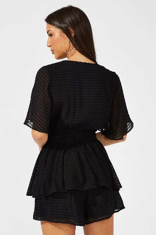 Black Playsuit Tie Front Wing Sleeve