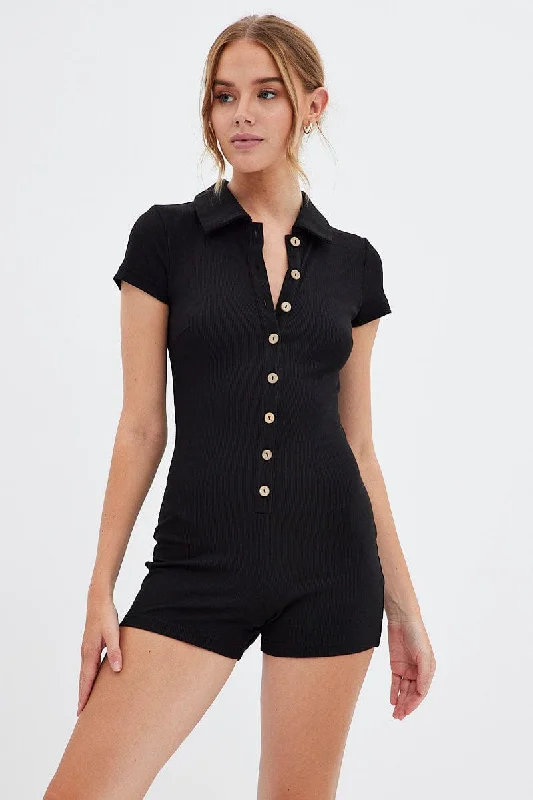 Black Romper Short Sleeve Collared