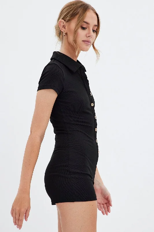 Black Romper Short Sleeve Collared