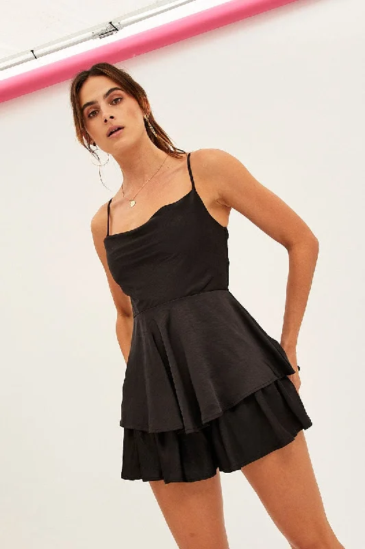 Black Satin Playsuit Sleeveless Cowl Neck