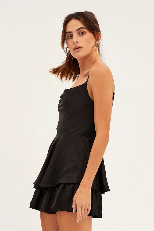 Black Satin Playsuit Sleeveless Cowl Neck