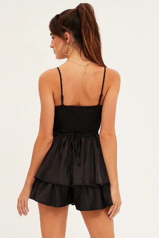 Black Satin Playsuit Sleeveless Cowl Neck