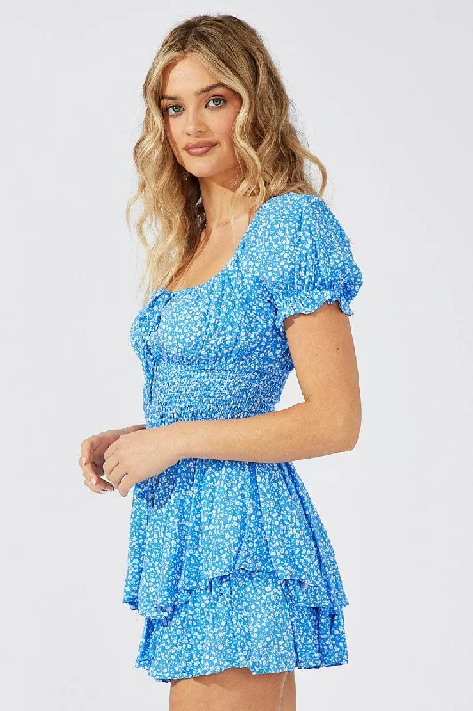 Blue Ditsy Ruffle Playsuit Short Sleeve Ruched Bust