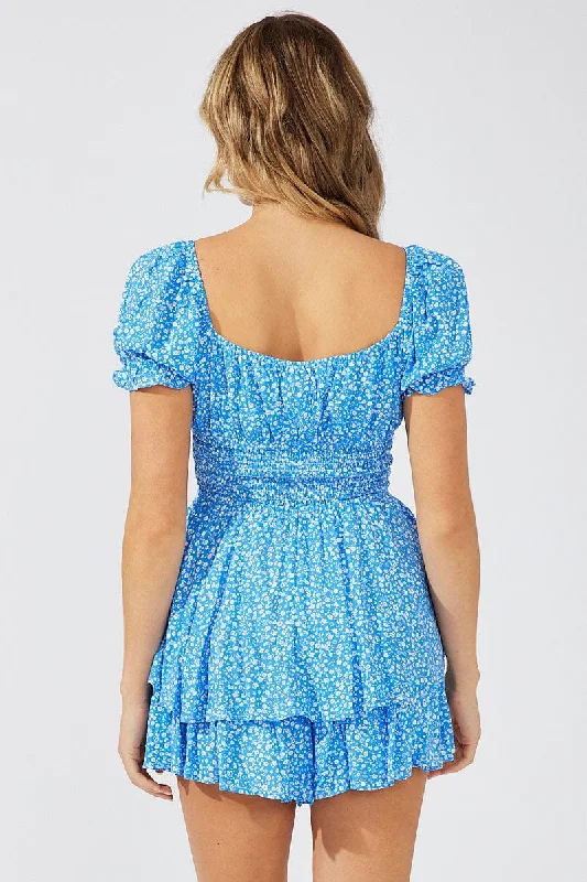 Blue Ditsy Ruffle Playsuit Short Sleeve Ruched Bust