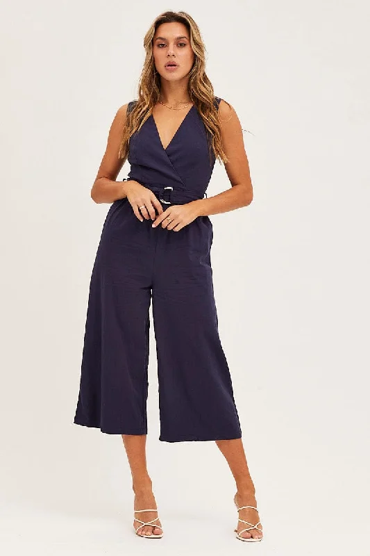 Blue Jumpsuit Sleeveless V Neck