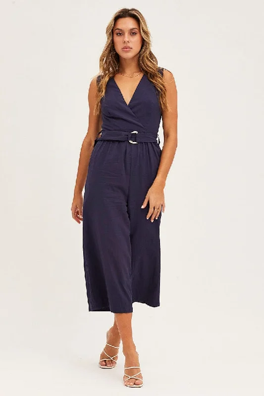 Blue Jumpsuit Sleeveless V Neck