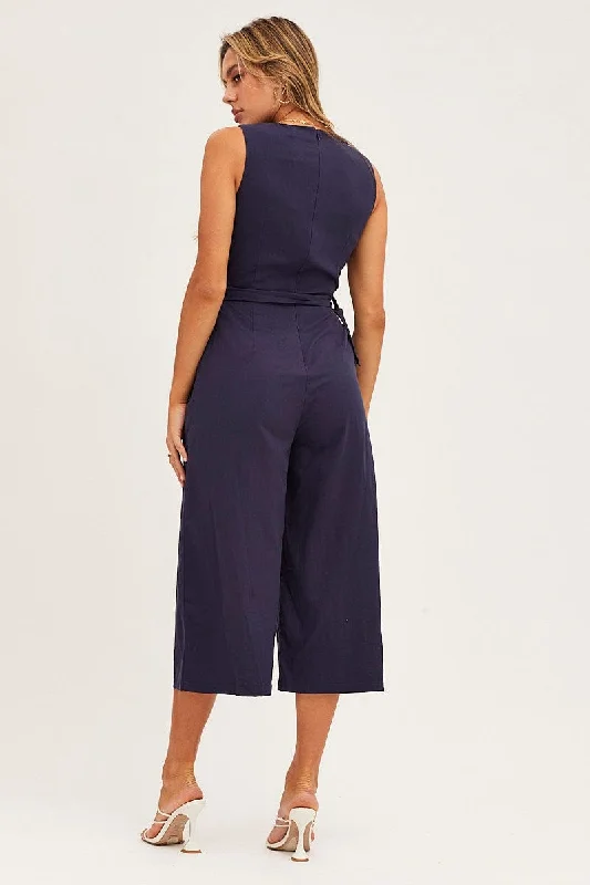 Blue Jumpsuit Sleeveless V Neck