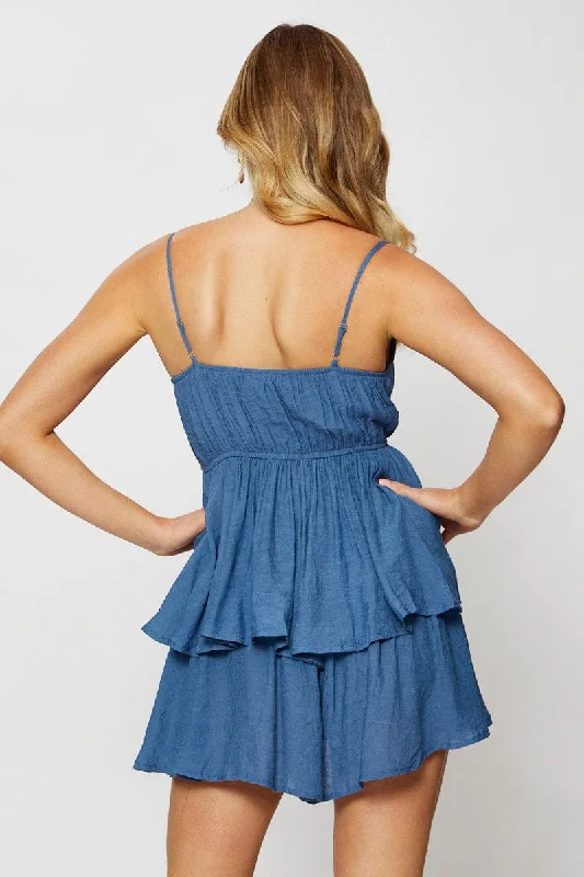 Blue Playsuit Cowl Neck