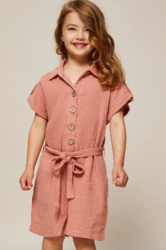 Brown Kids Button Front Textured Playsuit