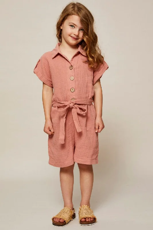 Brown Kids Button Front Textured Playsuit