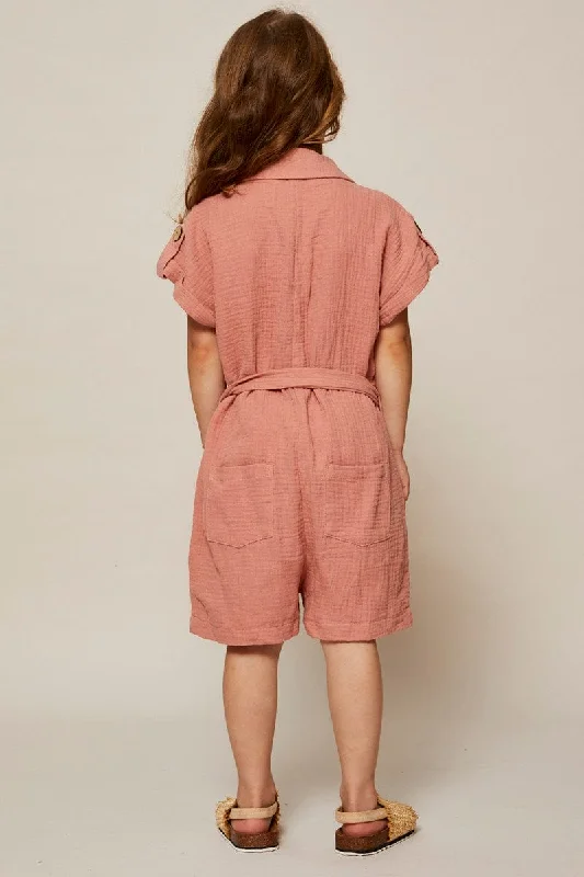 Brown Kids Button Front Textured Playsuit