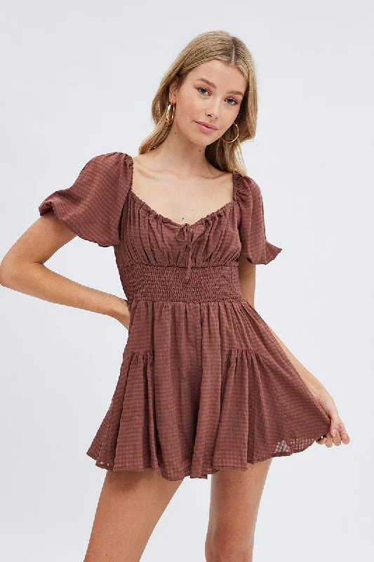 Brown Ruched Playsuit Short Sleeve