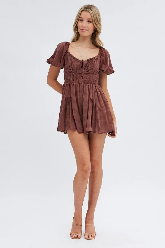 Brown Ruched Playsuit Short Sleeve