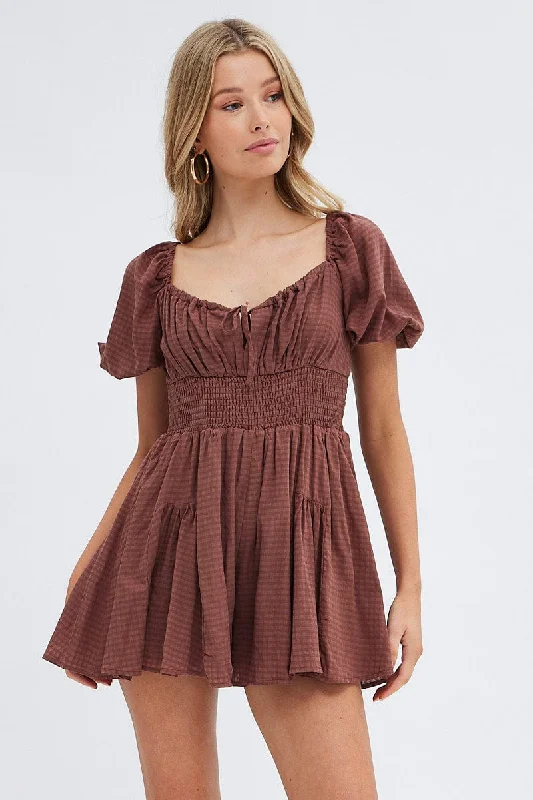 Brown Ruched Playsuit Short Sleeve