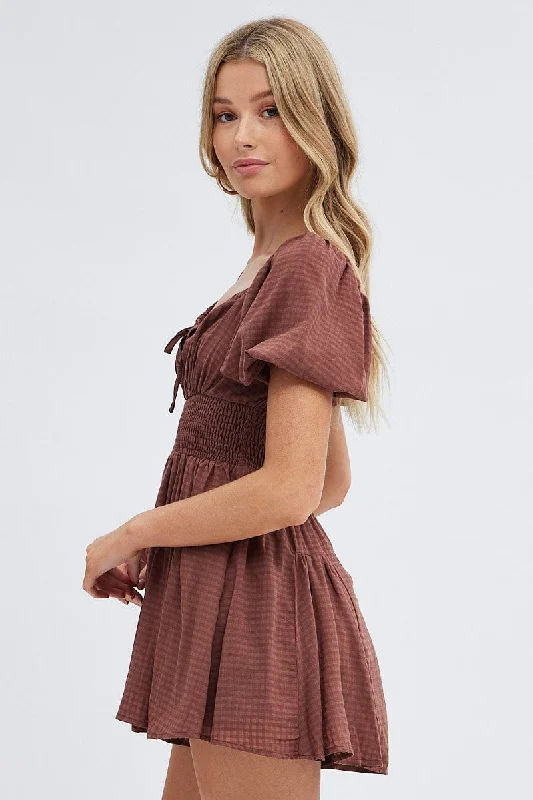 Brown Ruched Playsuit Short Sleeve