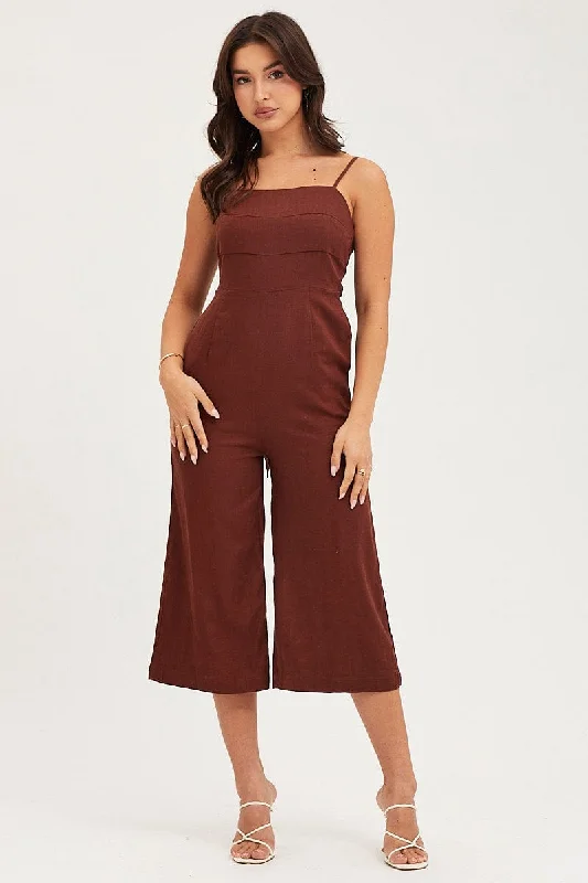 Brown Sleeveless Tie Back Jumpsuit Linen Blend